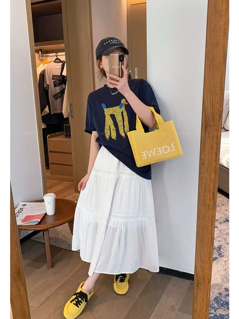 W3348-王仙女 长腿狗小狗印花圆领短袖T恤女宽松休闲洋气减龄上衣