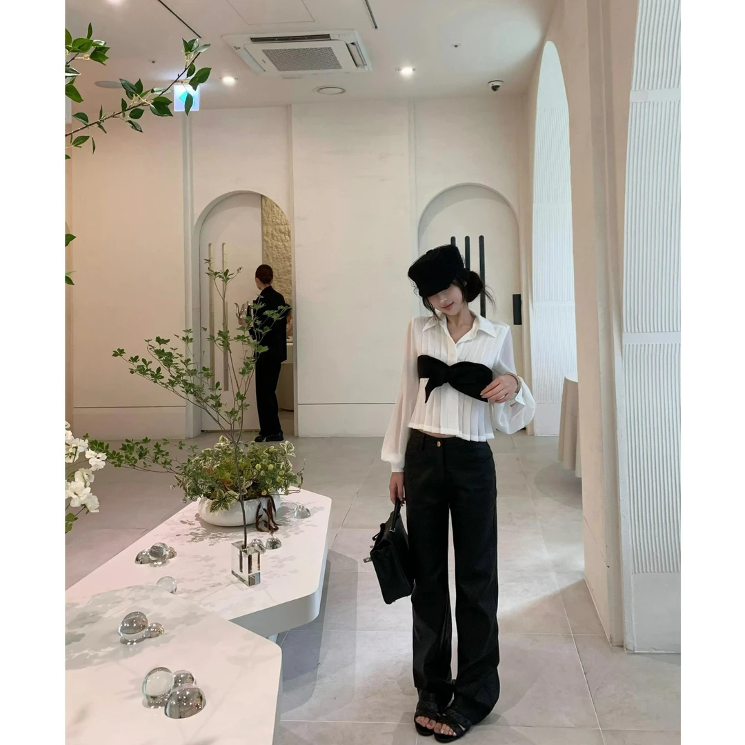 2025早秋新款法式千金风蝴蝶结拼接假两件上衣配显瘦裤子两件套女