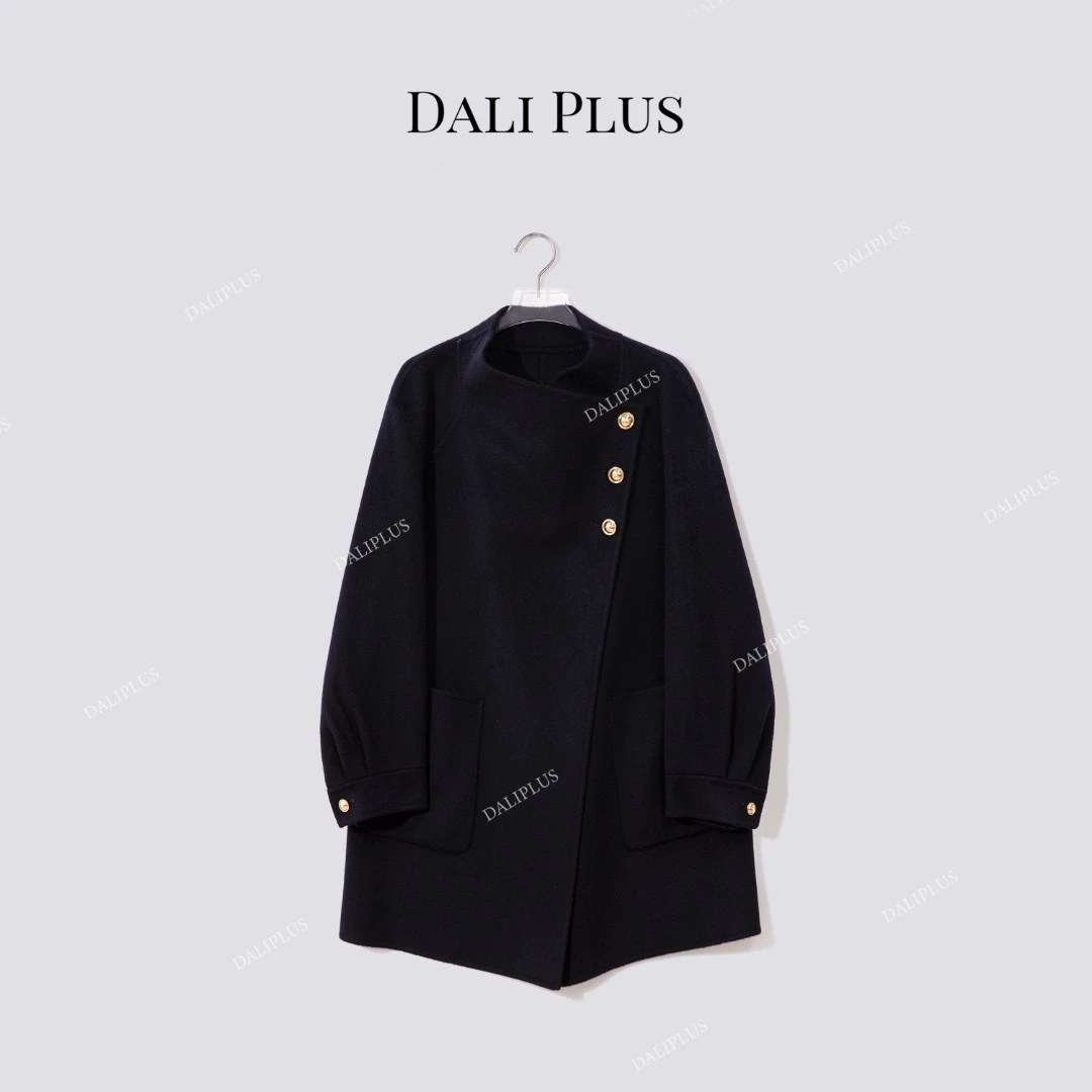 DALI PLUS“苏力羊驼毛”斜襟金扣鲸鱼蓝双面呢大衣-D5CH5118