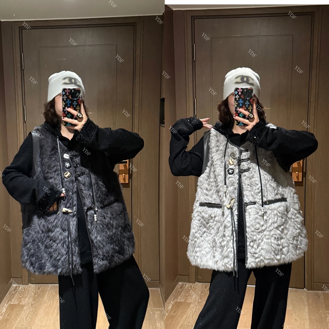 YDFSTUDIO小众【浮世恋曲】欧货高品重工装饰拼接设计时尚毛毛马甲