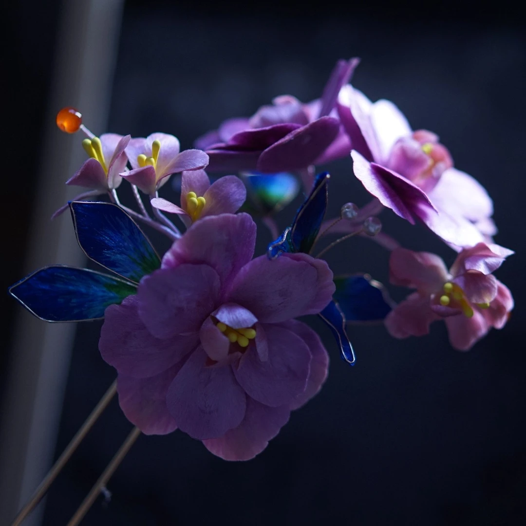 非遗手作古风绒花紫色半掐丝发饰发簪汉服配饰头饰发钗