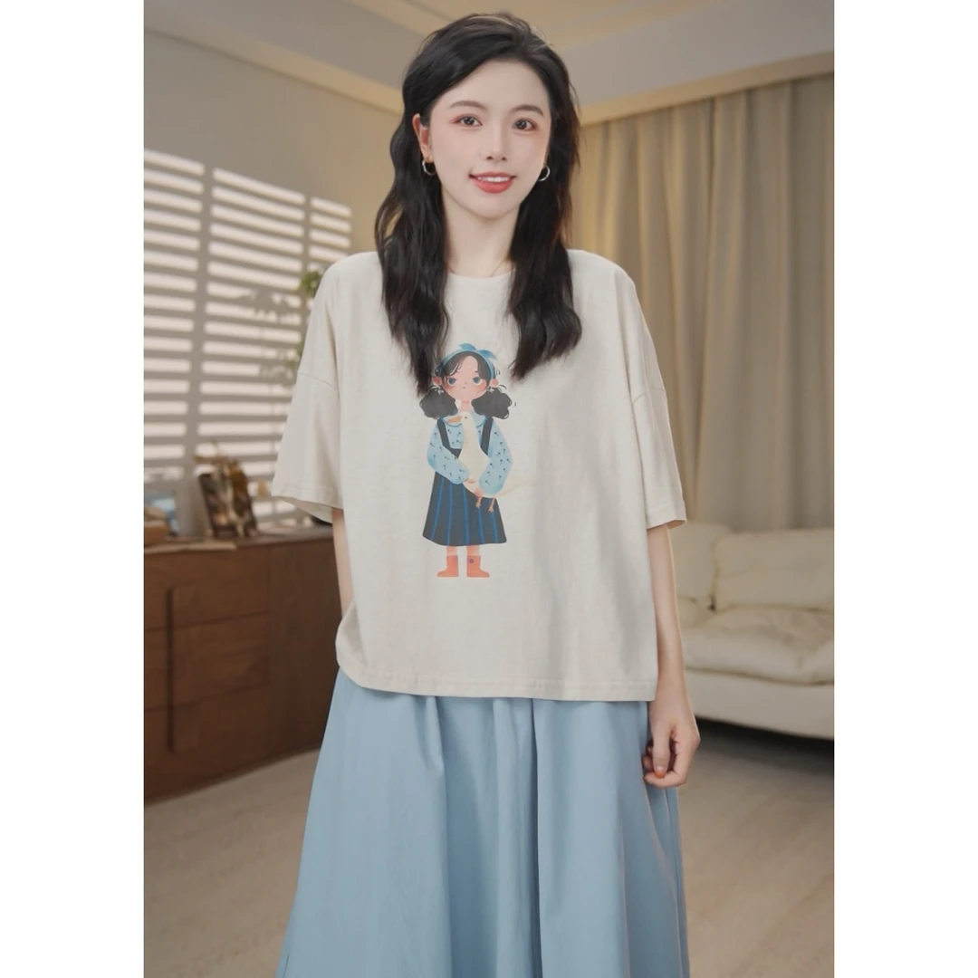 圆圆 【爆米花妹妹】休闲百搭宽松小女孩可爱印花短袖T恤 YY 8528