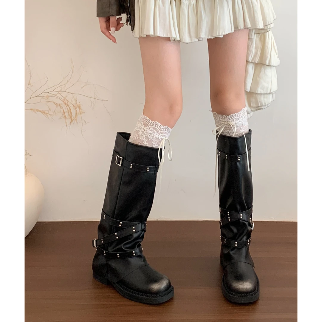 "甜酷铆钉"复古做旧辣妹裤管靴女秋工装骑士靴不过膝长筒靴机车靴