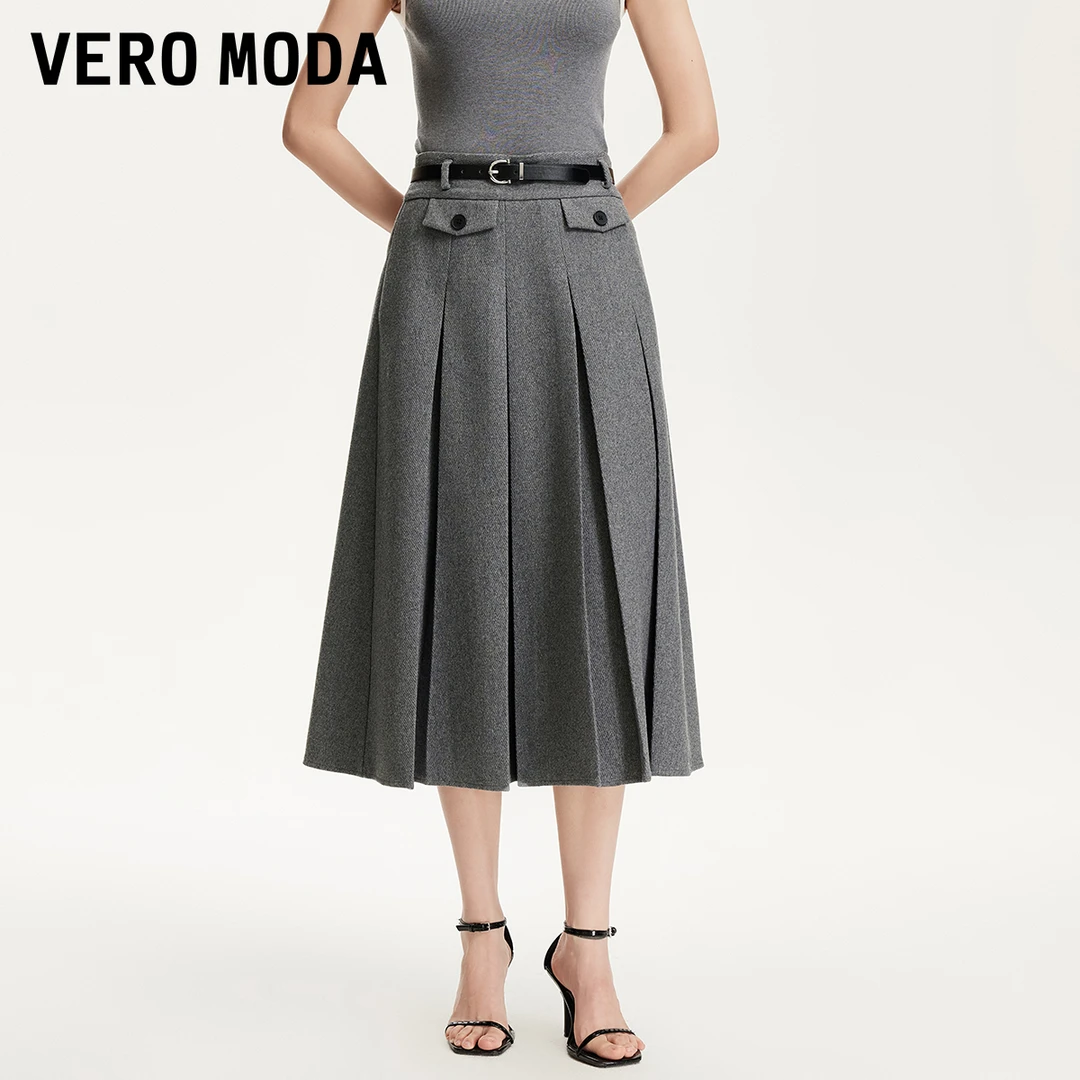 Vero Moda半身裙春游出行洋气A字百褶腰带格雷系半裙325216018