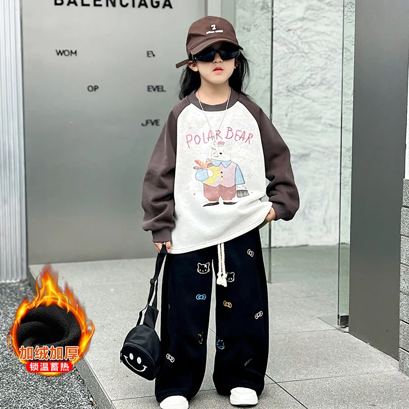 女童一体绒卫衣秋冬套装2025新款儿童长袖上衣女孩大童时尚两件套
