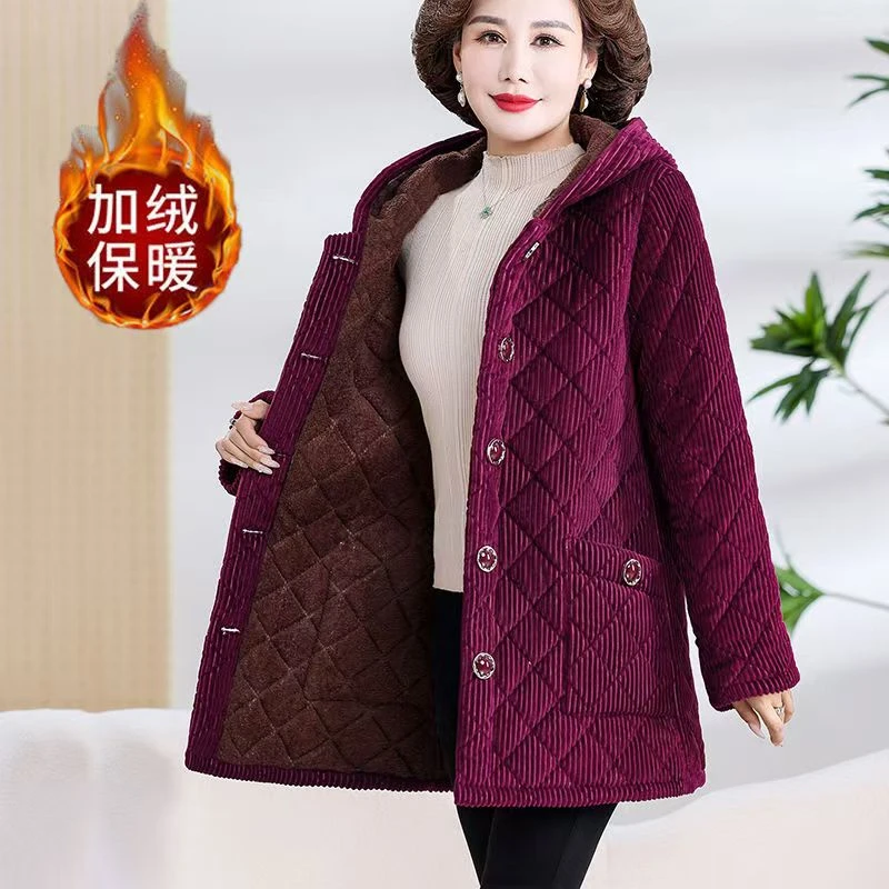 11341-妈妈棉袄加绒加厚老年人中长款保暖棉衣女冬装洋气棉服外套