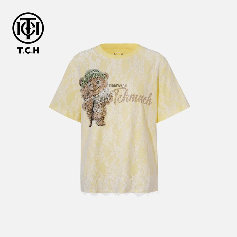 TCH25春季新款烫钻工艺时尚休闲百搭T恤女T75A10E5046轻奢tch