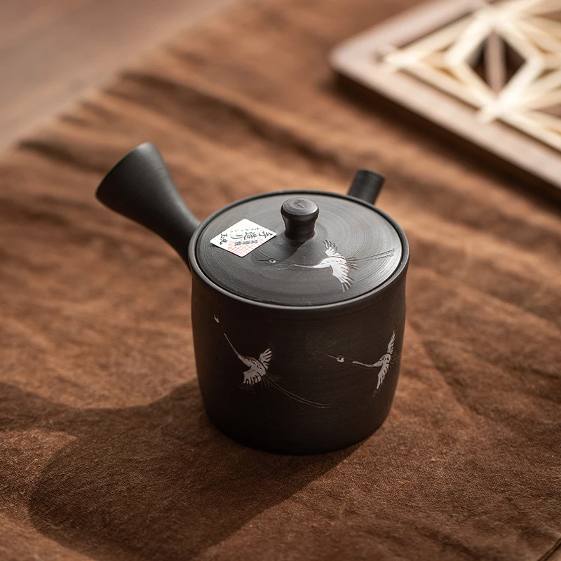 日本进口常滑烧玉光作飞鹤侧把急须日式作家手作茶具高档茶道茶礼