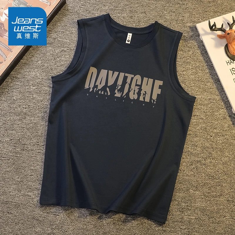 Jeanswest/真维斯印花篮球背心男士夏季宽松纯棉健身休闲无袖坎肩