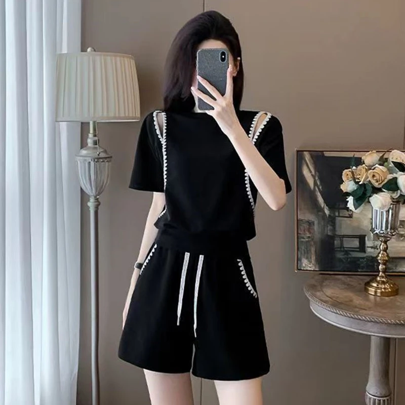 200斤微胖mm休闲套装女士大码显瘦遮肉洋气短袖短裤运动服两件套