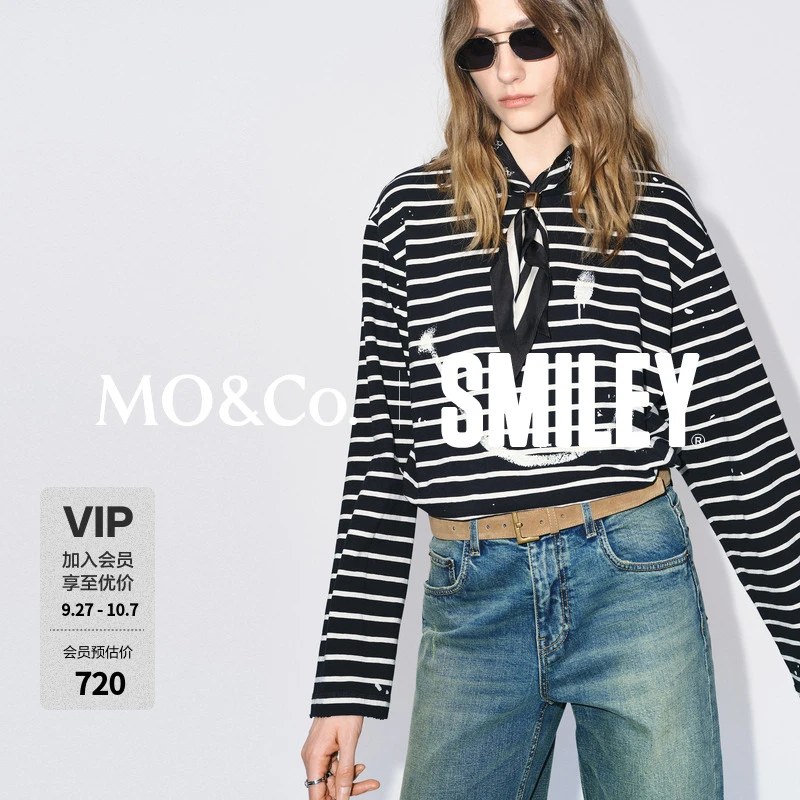 【SMILEY联名】MOCO条纹T恤2025冬新品高支棉涂鸦印花MBE4TEE013