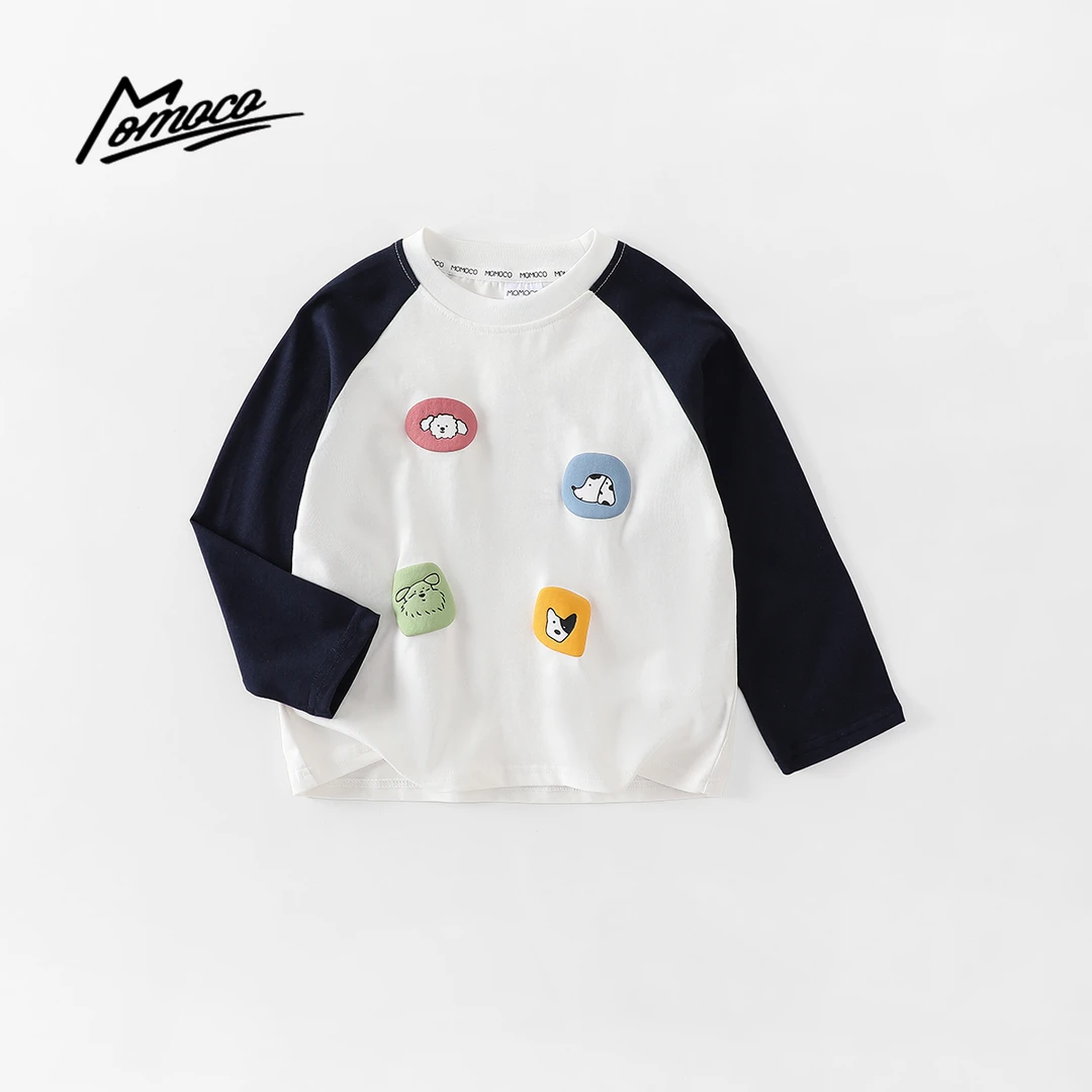 MOMOCO春秋季男童中大童印花小动物拼色长袖T恤上衣77330235030
