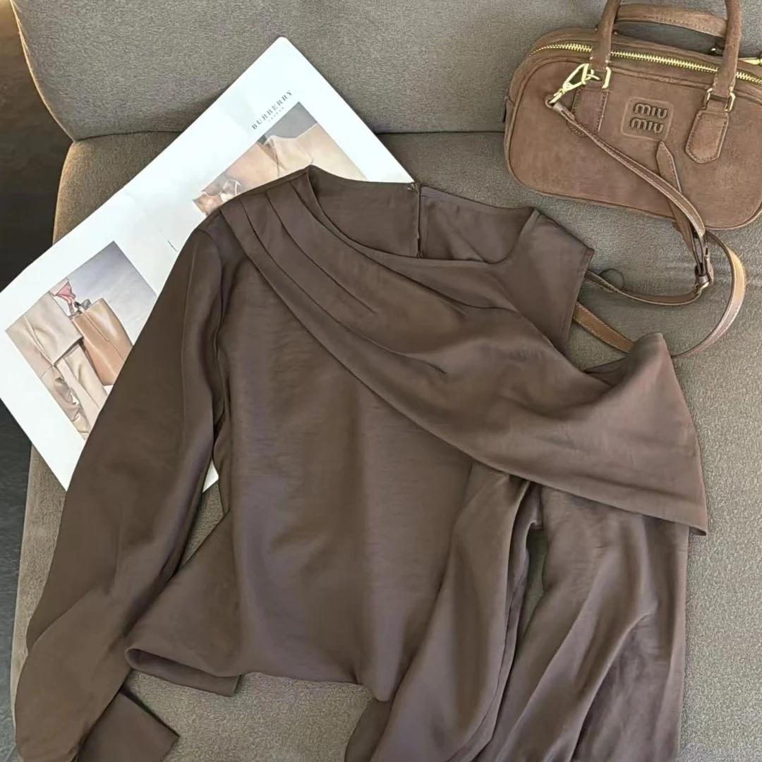 【Barbie Jingni】「粤语歌」 6110秋季法式不规则露肩长袖衬衫百搭