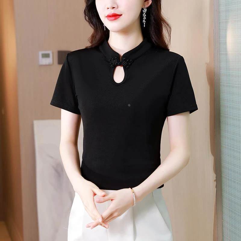 短袖女t恤夏季新款妈妈中式国风盘扣小衫莫代尔螺纹立领旗袍上衣
