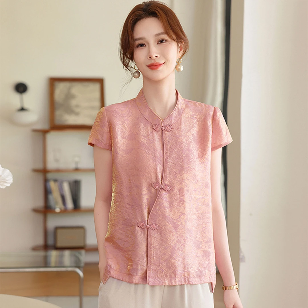 妈妈夏装新中式短袖上衣2025新款中老年女装古风盘扣衬衫两件套装