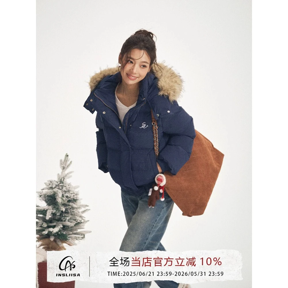 iNSLiSSA连帽毛领藏青色羽绒服女白鸭绒小个子复古设计感加厚外套