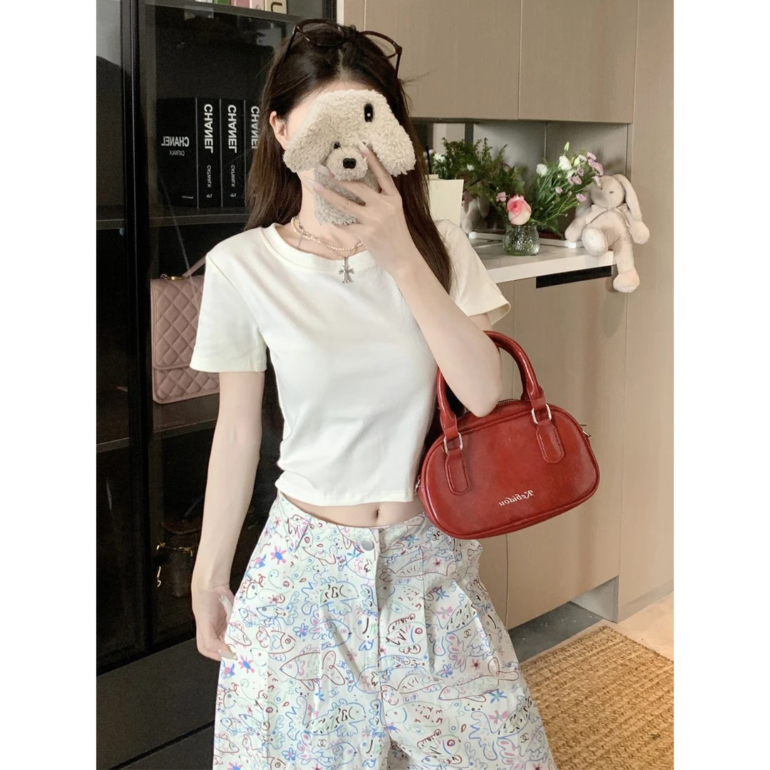 7色夏季圆领正肩短袖T恤女收腰修身短款上衣辣妹纯色百搭休闲款