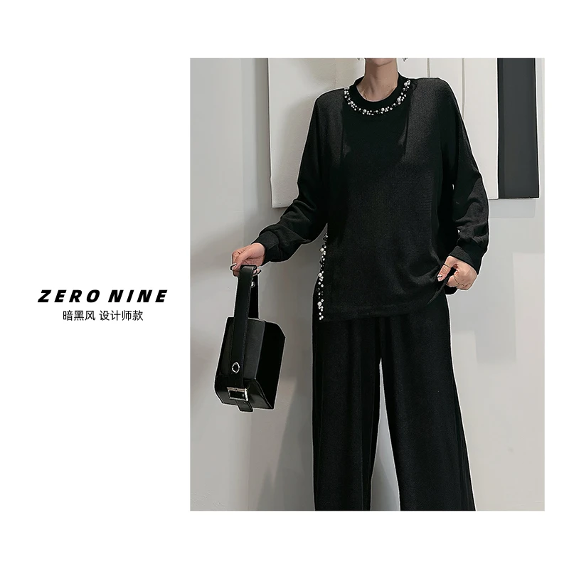 Dan Dan 黑色领子带钻慵懒风套装女 时尚俩件套