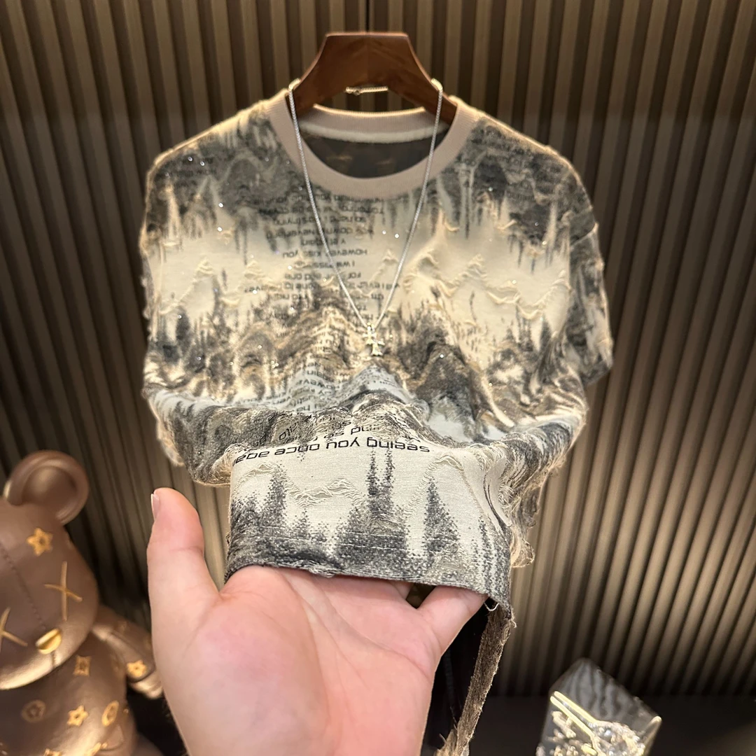 秋季330g新款字母短袖男款满天星破洞男上衣爆款轻奢半袖圆领潮流