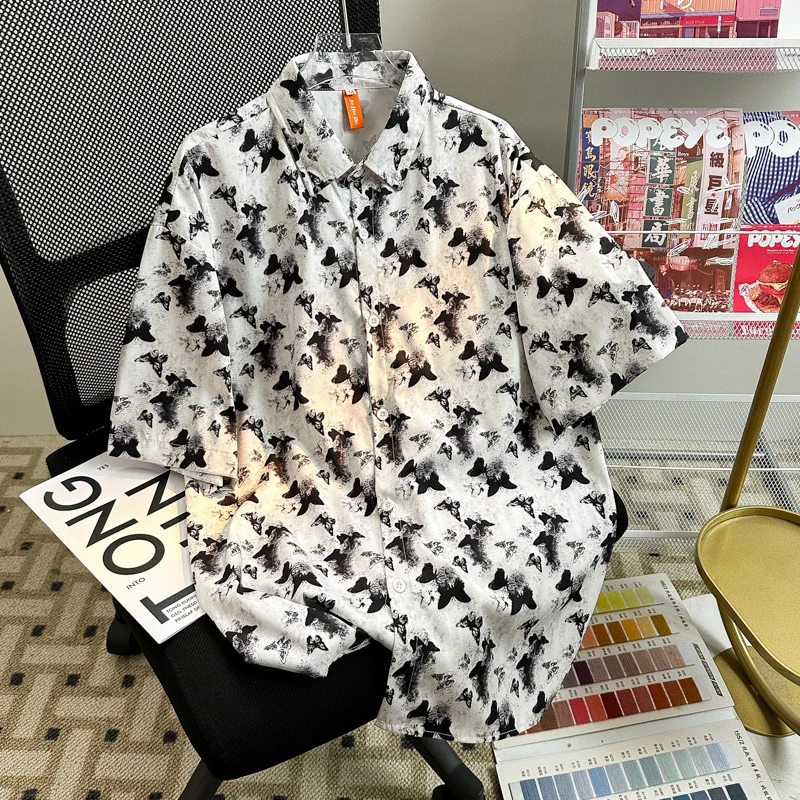 夏季冰丝垂坠感高端花衬衫短袖男痞帅高级感日韩风格轻奢蝴蝶衬衣