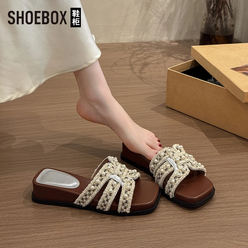 SHOEBOX鞋柜法式珍珠小香风厚底一字拖女夏外穿2025新款绝美凉拖
