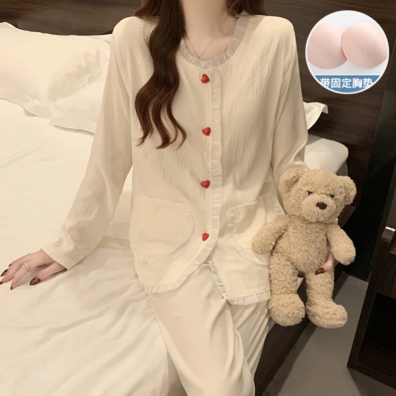 长袖睡衣女春秋季带胸垫开衫蕾丝爆款套装新款女款甜美透气家居服