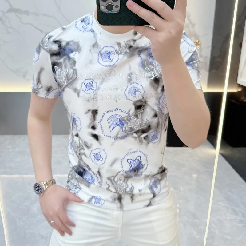 BX轻奢.潮牌男士高级感圆领T恤时尚扎染印花修身短袖2025夏季新款