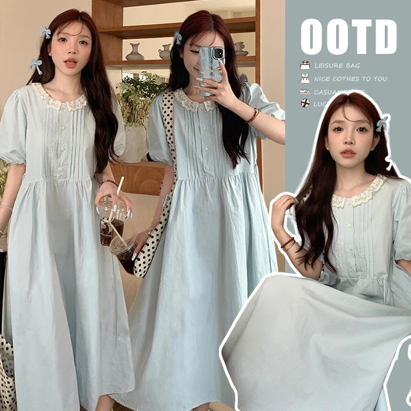 MIMI~孕妇装2025新款韩chic夏人手一件薄荷色花边减龄孕妇连衣裙