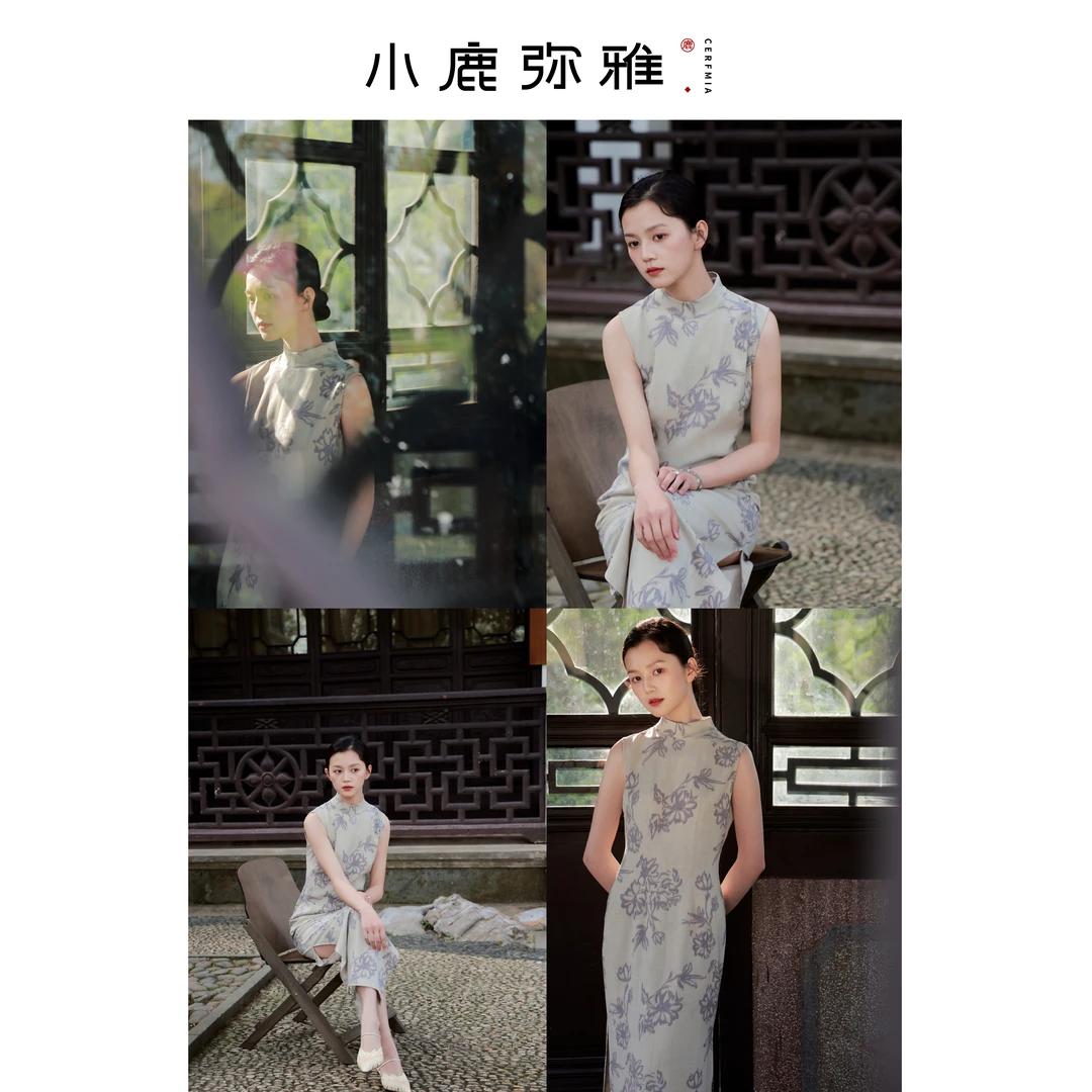 小鹿弥雅《秋序》系列原创设计文艺印花开叉无袖旗袍连衣长裙夏