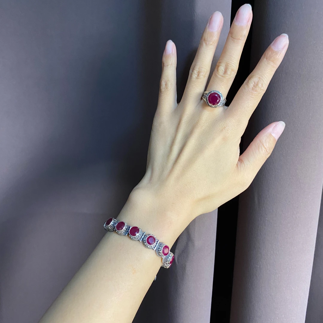 925银手链 925银手链国外回流银饰复古红手链新年礼物小众首饰