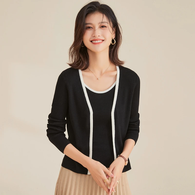 金菊【撞色两件套】秋冬新款开衫百搭通勤羊毛针织保暖上衣女式套装