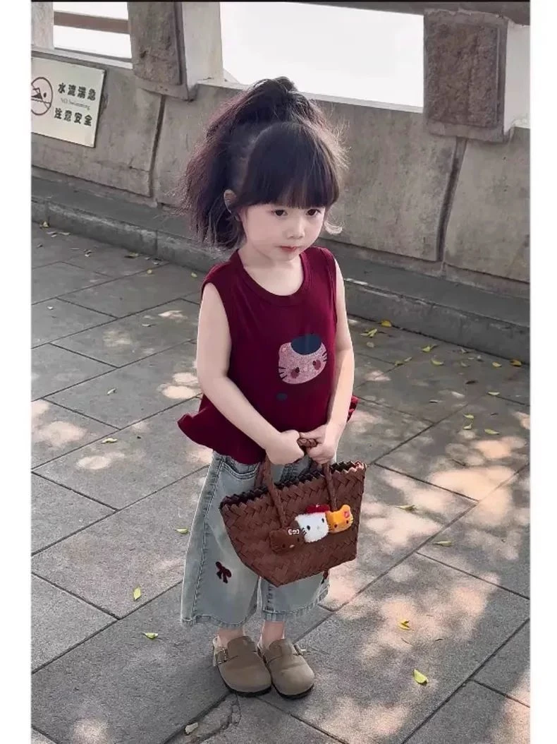 女童夏季套装2025新款儿童宝宝卡通kt猫花边背心复古做旧牛仔裤潮