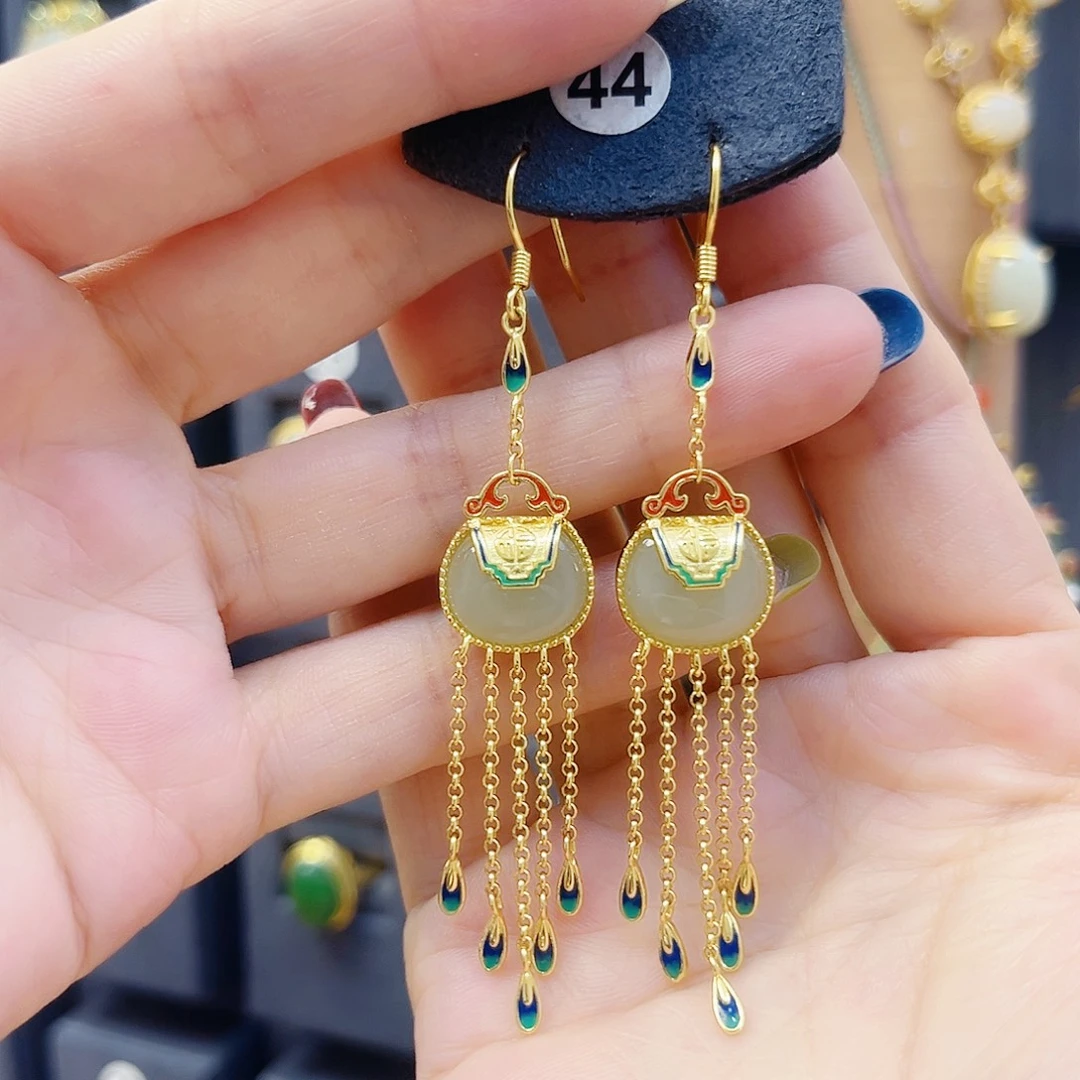 和田玉银S925镀金镶嵌耳饰