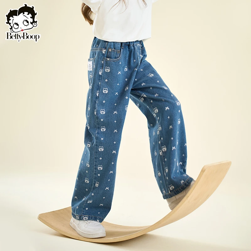 贝蒂女童秋装印花阔腿牛仔裤2025年春秋季中大童宽松长裤子25444