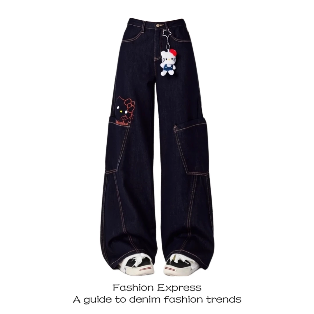 美式复古kt猫刺绣弯刀牛仔裤女秋季新款高腰不褪色宽松阔腿长裤子