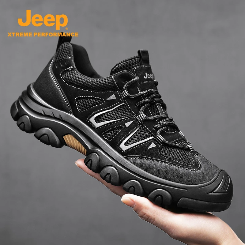 Jeep吉普男鞋2025冬季新款真皮网面透气软底防滑户外徒步运动鞋子