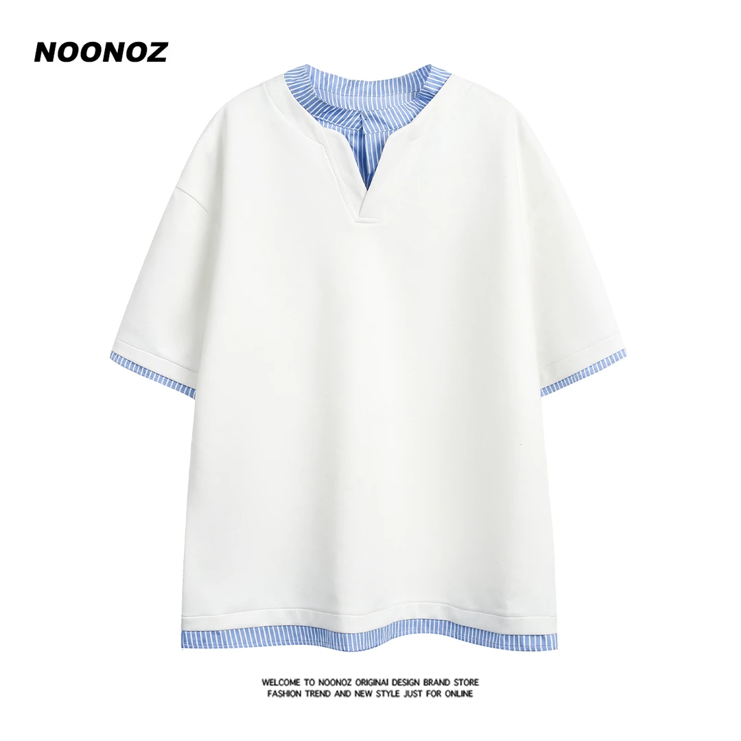 NOONOZ假两件拼接条纹短袖T恤男美式潮牌高级感夏季新款半袖上衣