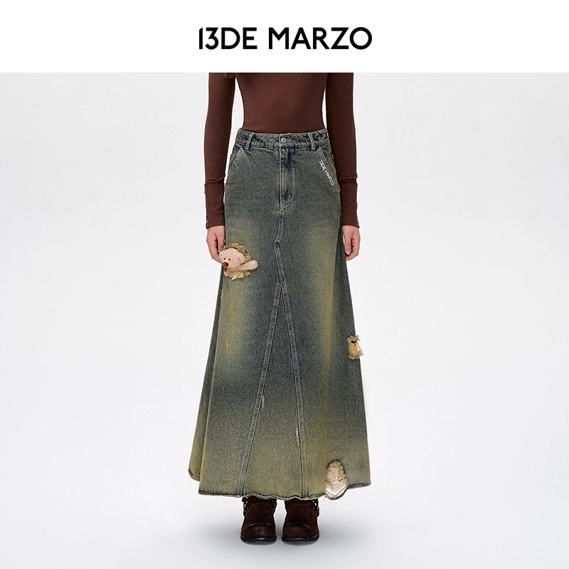13DE MARZO女士 25早春新款开衩解构牛仔A字裙高级感百搭半身裙