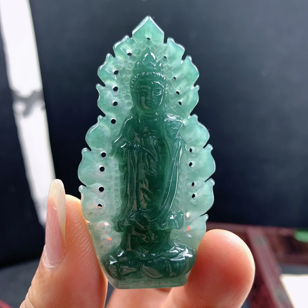 优惠纯天然翡翠飘花老坑料冰种雪花棉蓝色守护神观音菩萨玉吊坠