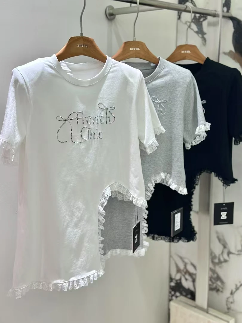 金属LOGO纯棉T恤时尚夏季春夏打底蕾丝圆领短袖白色气质字母百搭