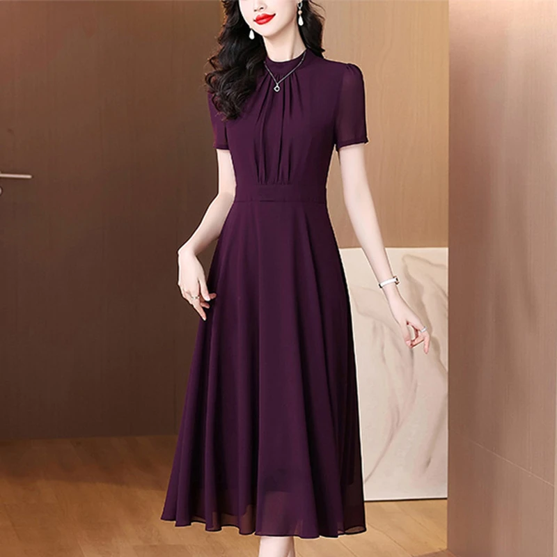 紫色大摆立领连衣裙2025年夏季收腰显瘦高级感气质连衣裙