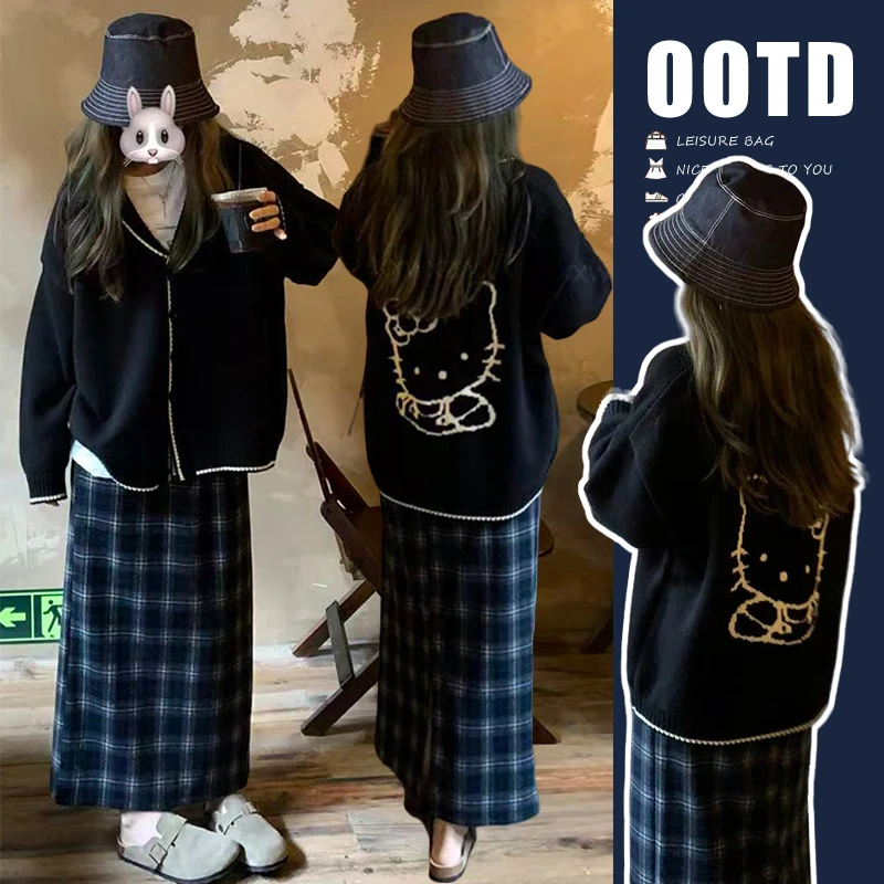 时髦孕妇装新款秋冬慵懒风洋气时尚加厚毛衣外套格子半身裙两件套