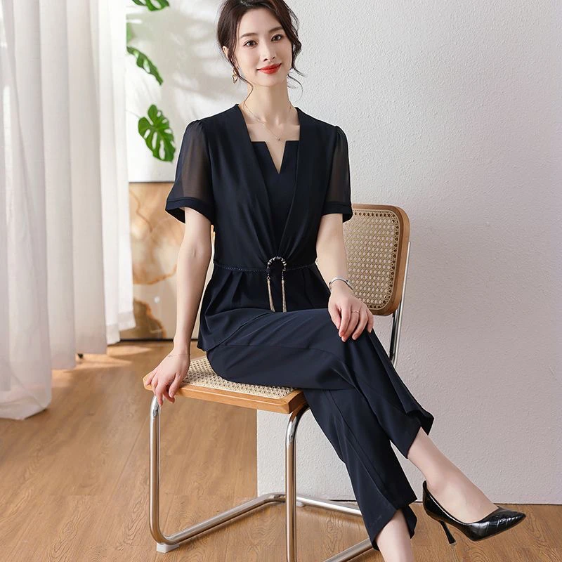 夏季洋气雪纺短袖衬衫套装时尚舒适女装7418