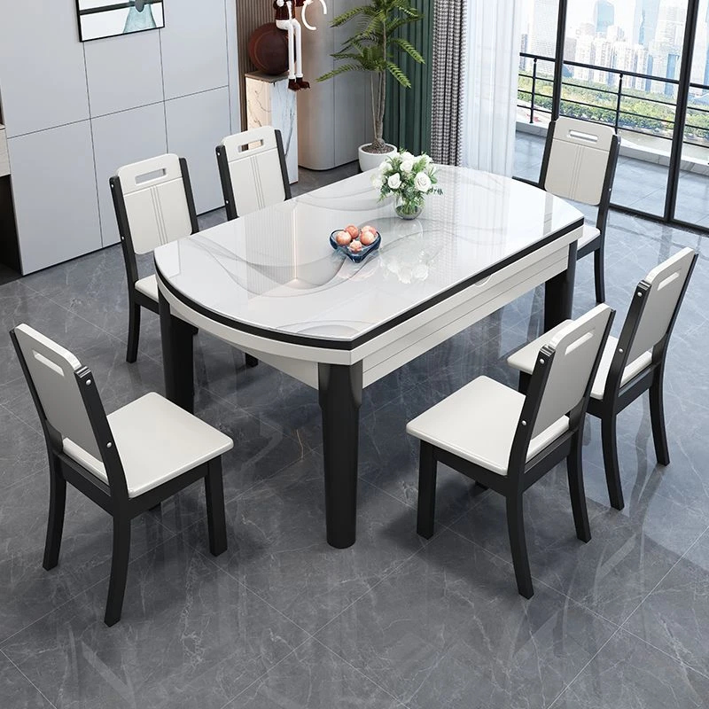 岩板餐桌轻奢桌椅组合一体电磁炉方圆两用餐桌家用小户型简约饭桌