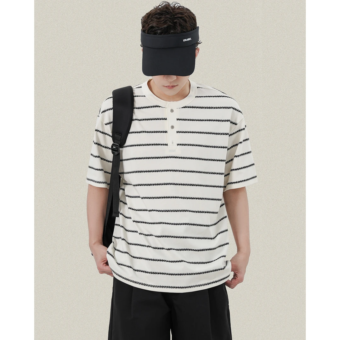 复古撞色条纹亨利领短袖T恤男夏季宽松韩系设计感上衣打底衫内搭