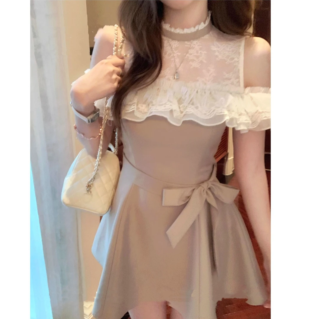 洛可可千金 重工多层网纱杏色蕾丝拼接一字肩连衣裙女短裙