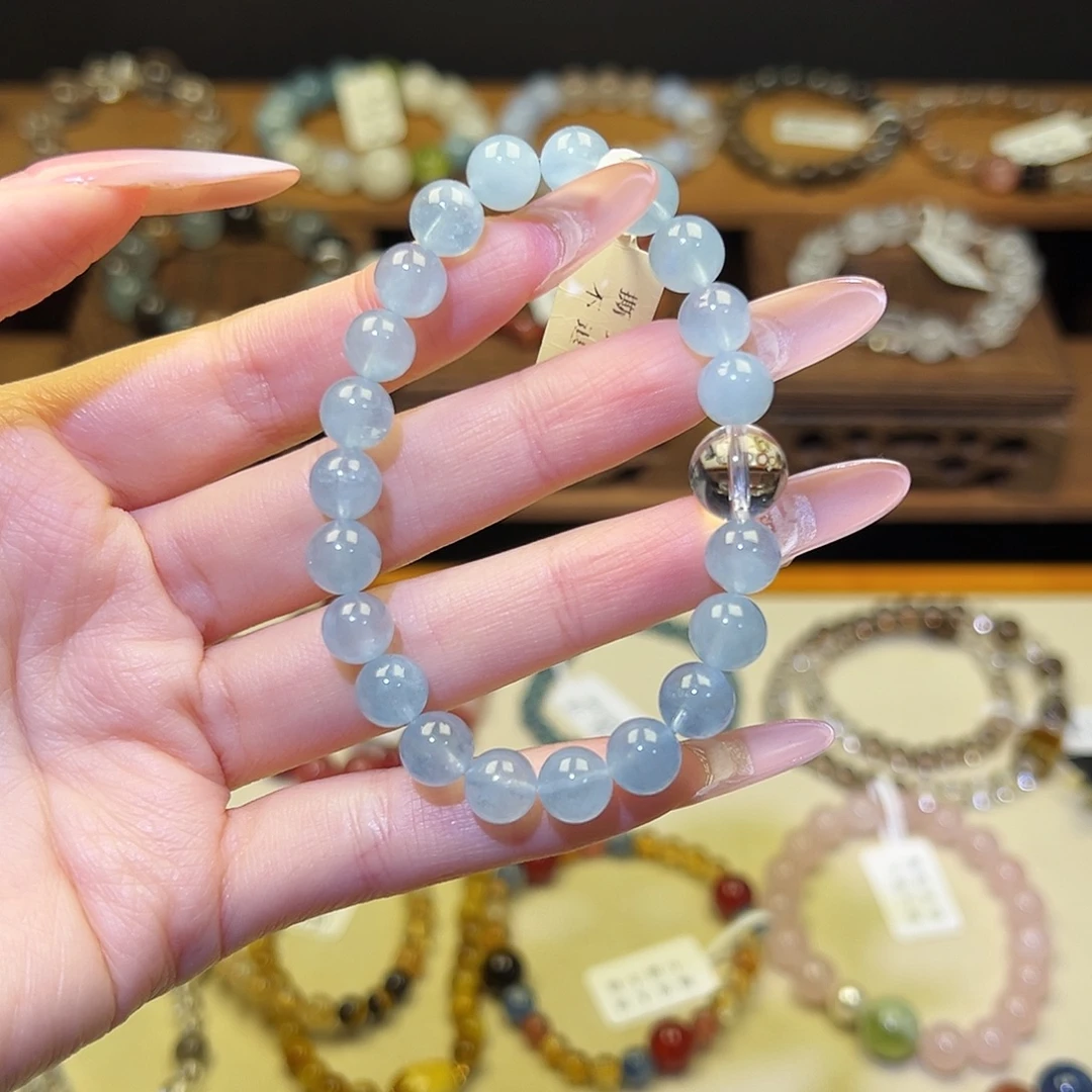 水晶手串银S925镀金镶嵌海蓝9083