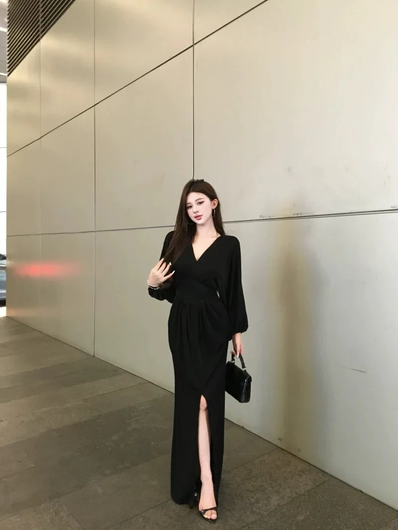 御姐顶流/V领蓬蓬袖腰褶褶开叉高弹网纱连衣裙3262#