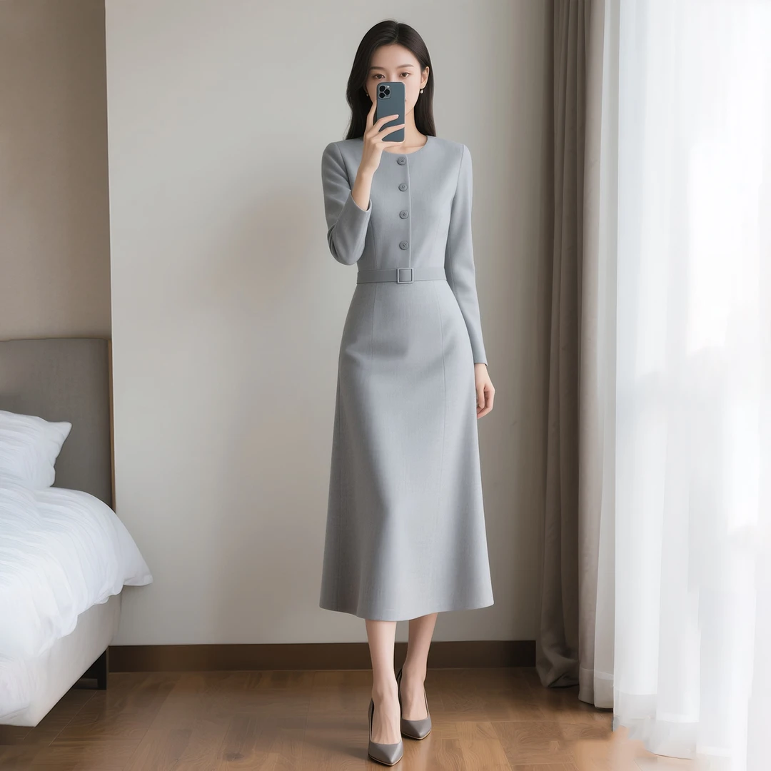 秋季新款女装时尚复古高端长袖轻熟风收腰连衣裙通勤优雅女士洋气