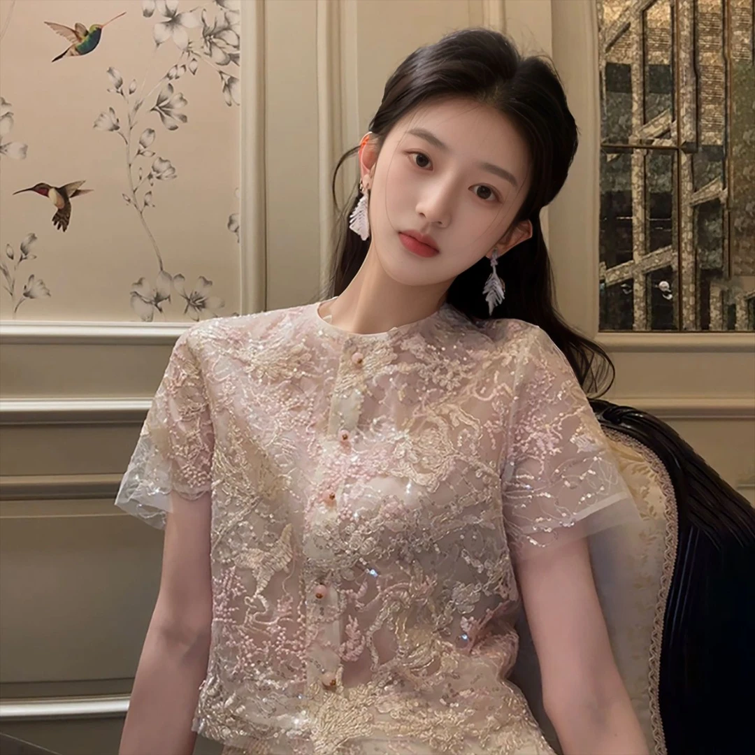 W.WANG新中式2025夏季重工珠片蕾上衣女装国风气质高级感衬衫半裙